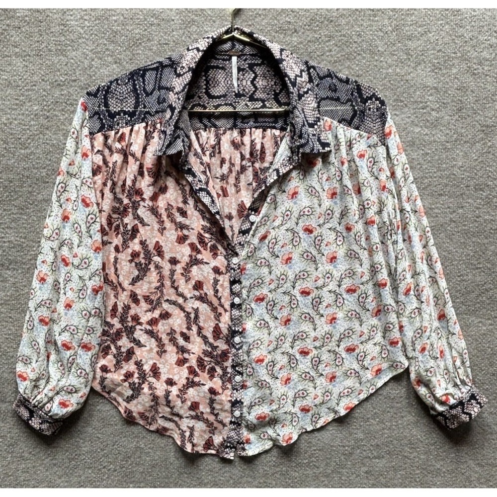 Free People Dani Light Combo Button Down Paisley Floral Print Shirt Sheer XS EUC